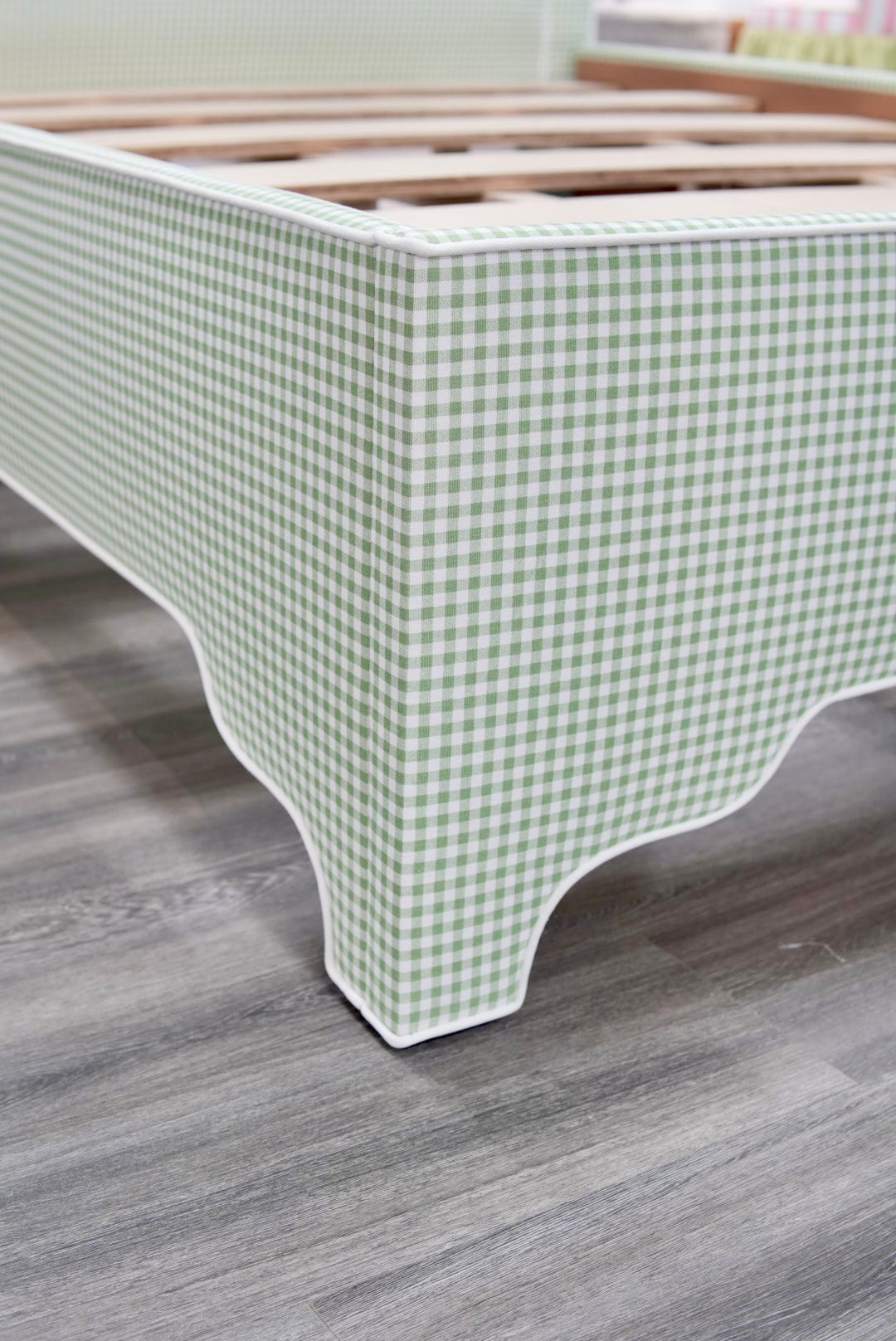 65”H Full Size Platform Upholstered Bed - Sage Green Gingham Fabric - White Pink Trim