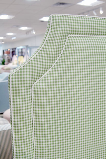 65”H Full Size Platform Upholstered Bed - Sage Green Gingham Fabric - White Pink Trim