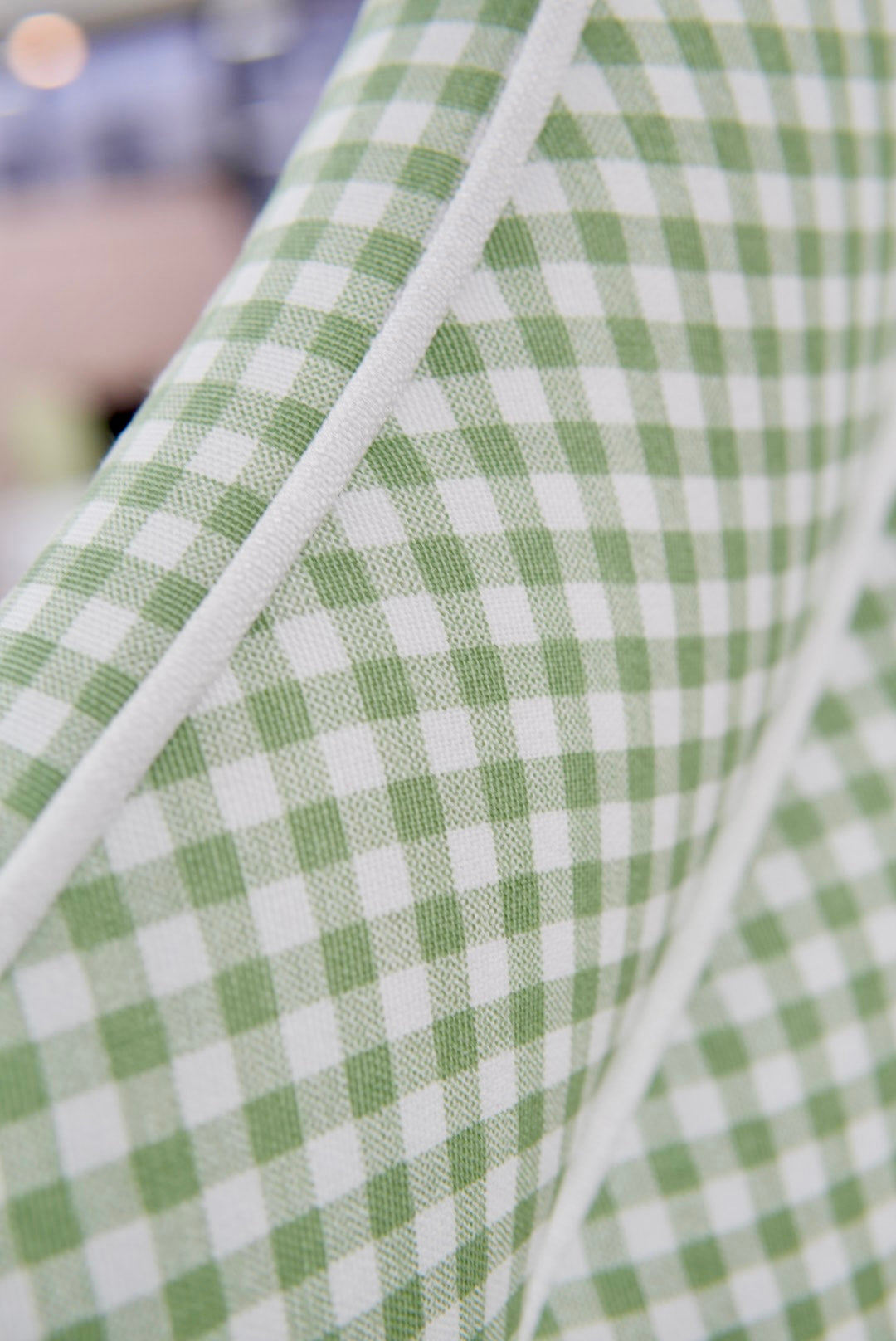 65”H Full Size Platform Upholstered Bed - Sage Green Gingham Fabric - White Pink Trim