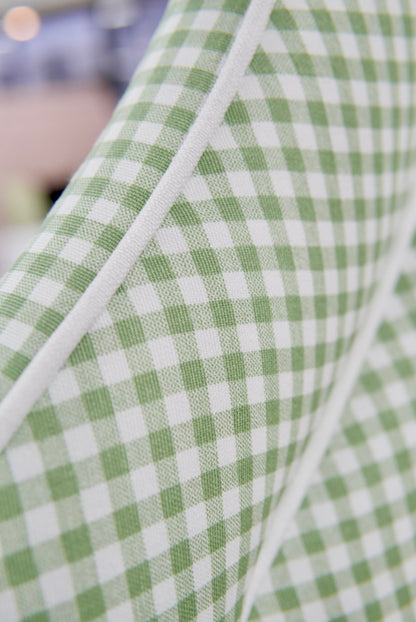 65”H Full Size Platform Upholstered Bed - Sage Green Gingham Fabric - White Pink Trim