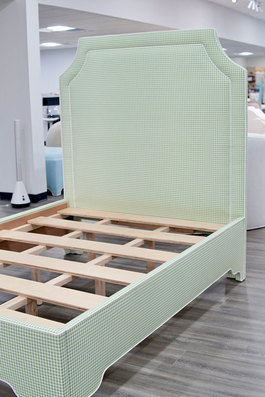 65”H Full Size Platform Upholstered Bed - Sage Green Gingham Fabric - White Pink Trim