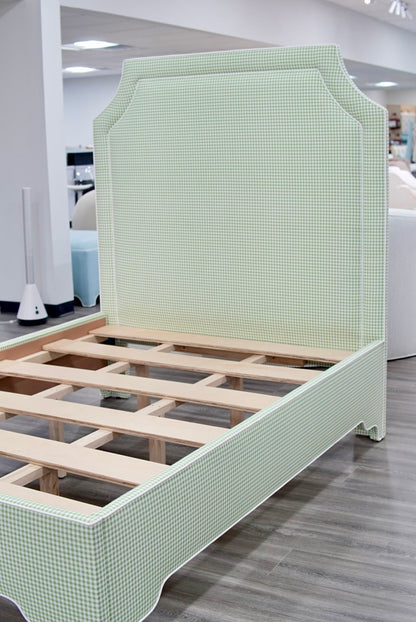 65”H Full Size Platform Upholstered Bed - Sage Green Gingham Fabric - White Pink Trim