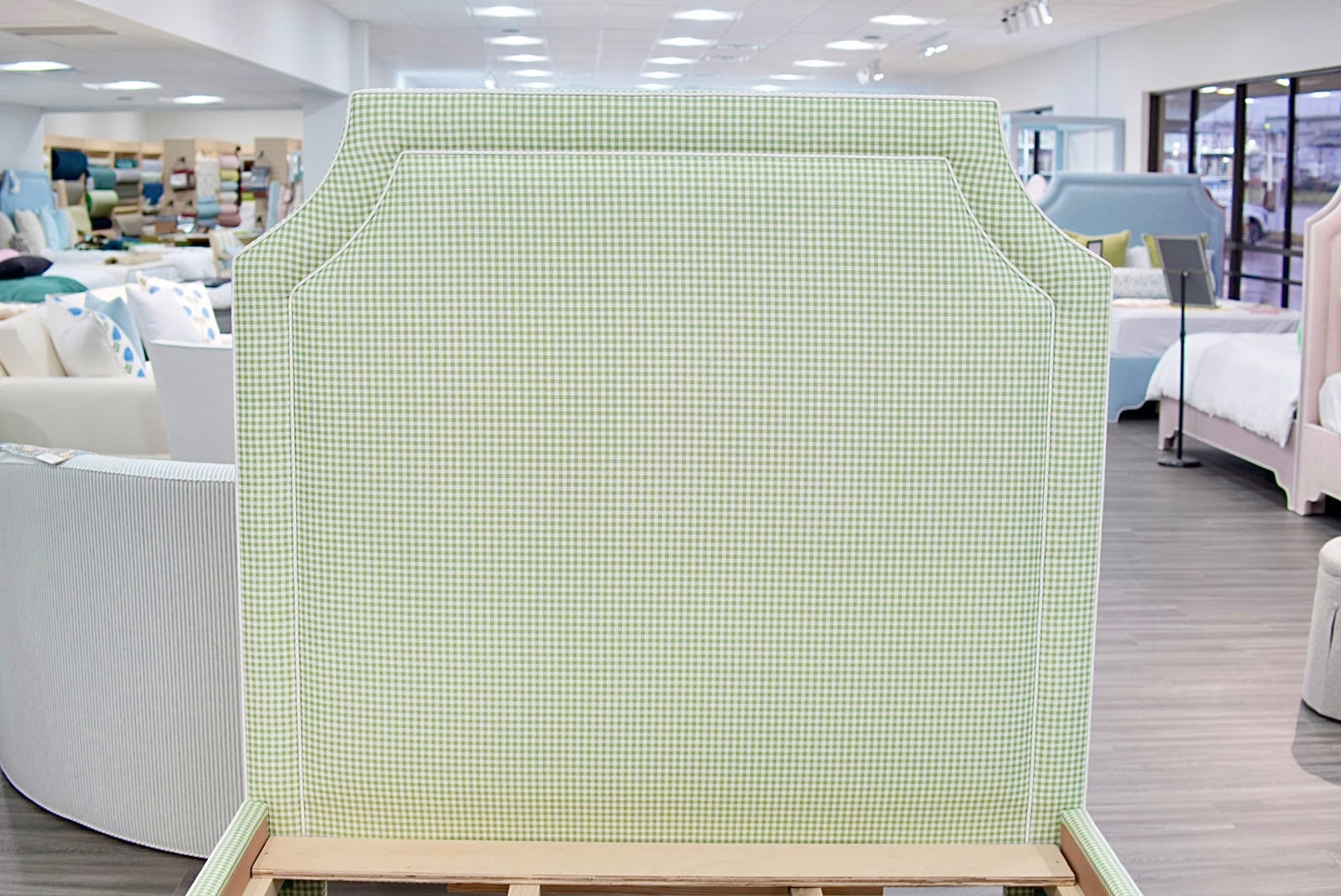 65”H Full Size Platform Upholstered Bed - Sage Green Gingham Fabric - White Pink Trim