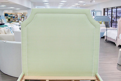65”H Full Size Platform Upholstered Bed - Sage Green Gingham Fabric - White Pink Trim