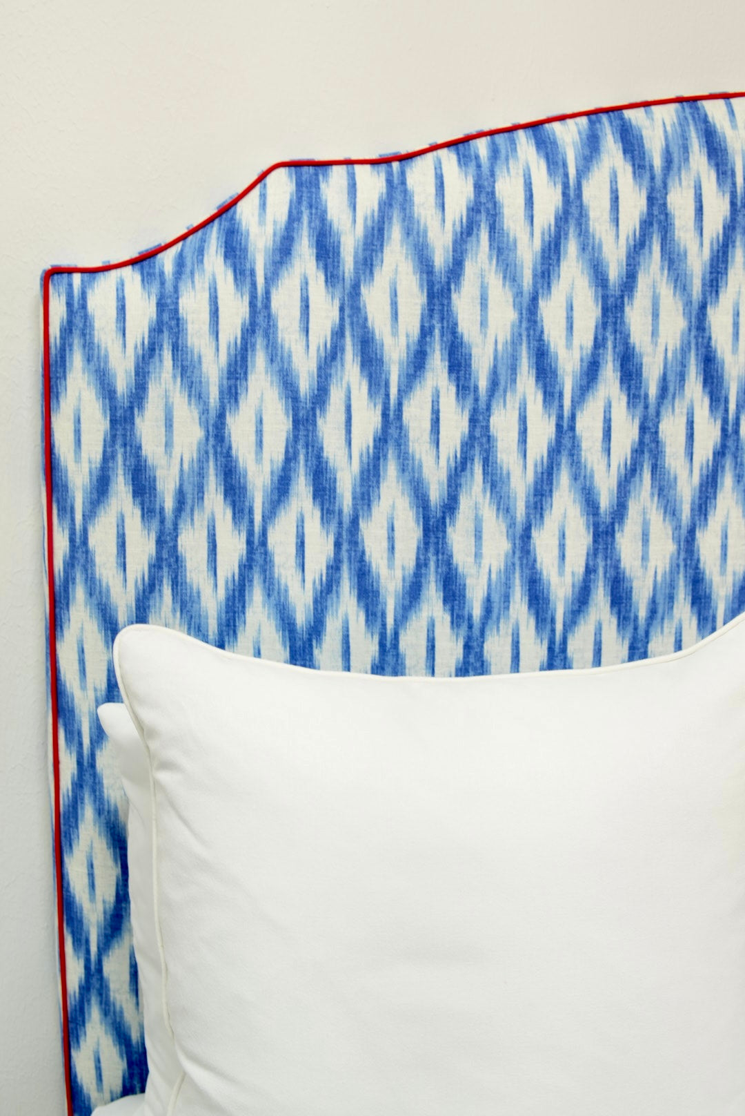 65"H King Headboard in Blue Ikat Fabric - Red Trim