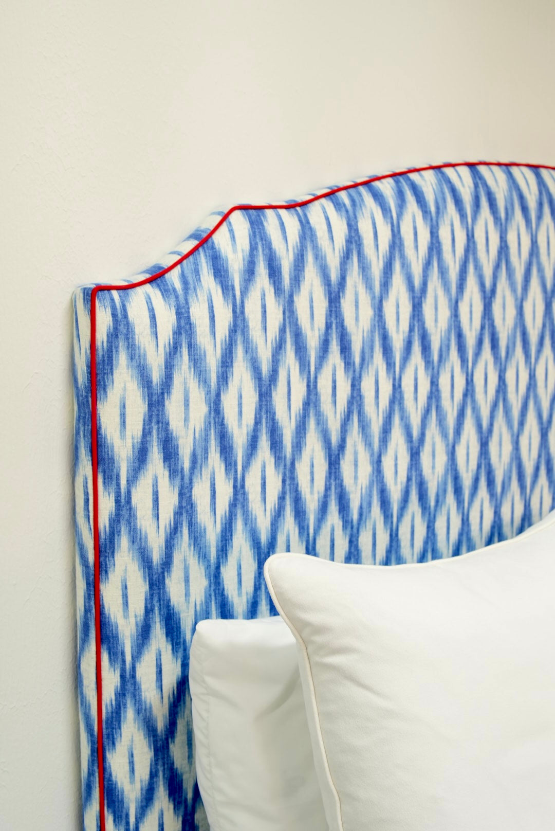 65"H King Headboard in Blue Ikat Fabric - Red Trim