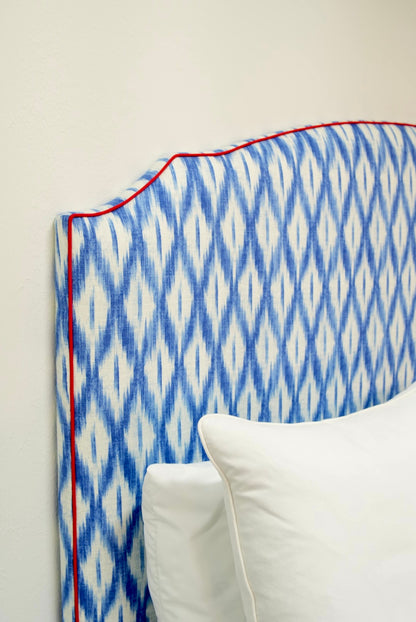 65"H King Headboard in Blue Ikat Fabric - Red Trim