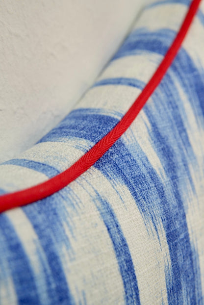 65"H King Headboard in Blue Ikat Fabric - Red Trim