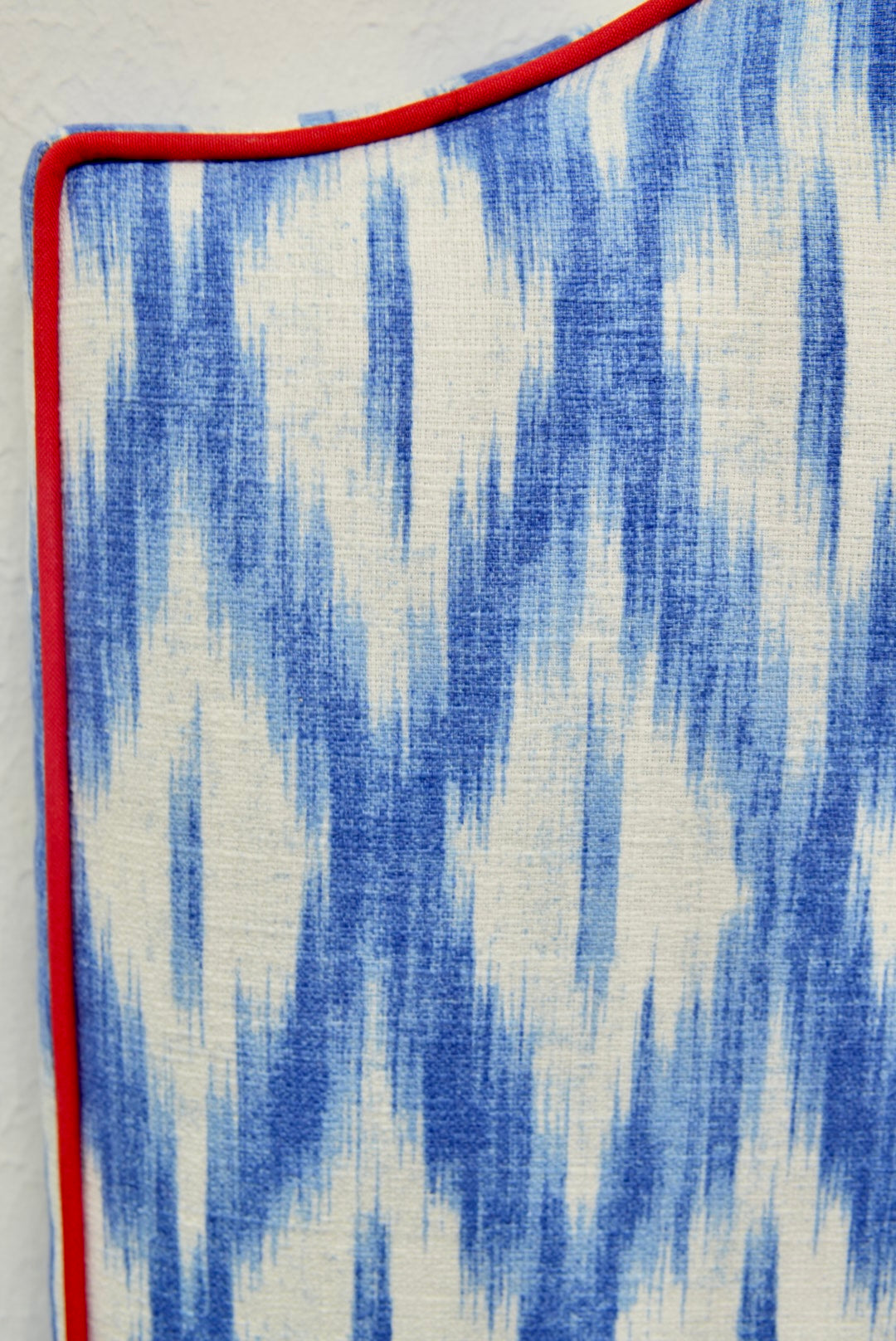 65"H King Headboard in Blue Ikat Fabric - Red Trim