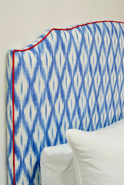 65"H King Headboard in Blue Ikat Fabric - Red Trim