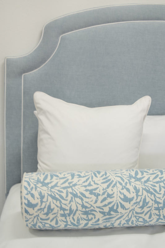 65”H King Headboard Only - Light Blue Fabric- White Trim
