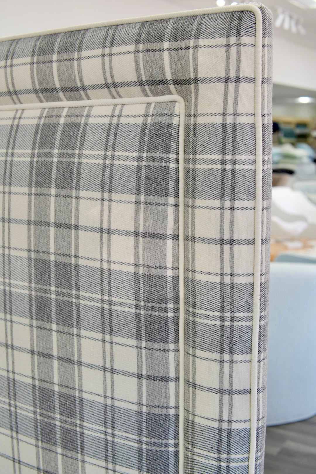 65”H Queen Upholstered Platform Bed - Grey Plaid Fabric - White Trim