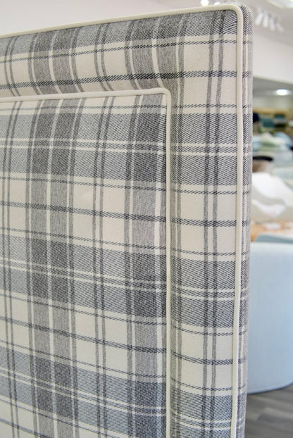 65”H Queen Upholstered Platform Bed - Grey Plaid Fabric - White Trim