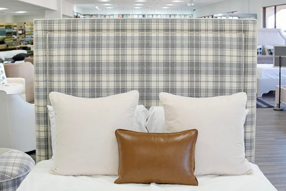 65”H Queen Upholstered Platform Bed - Grey Plaid Fabric - White Trim