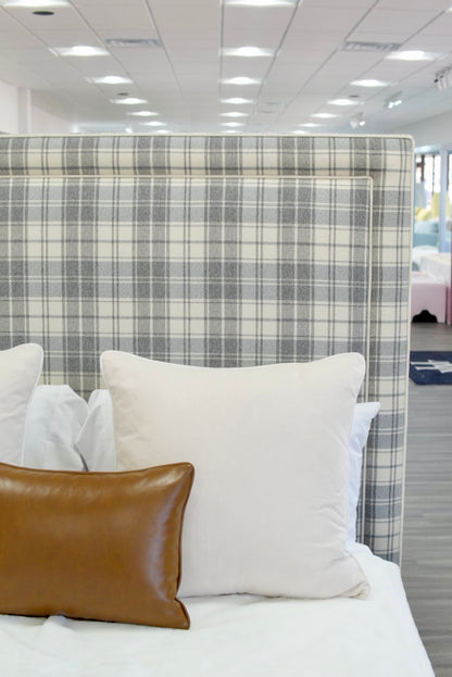 65”H Queen Upholstered Platform Bed - Grey Plaid Fabric - White Trim