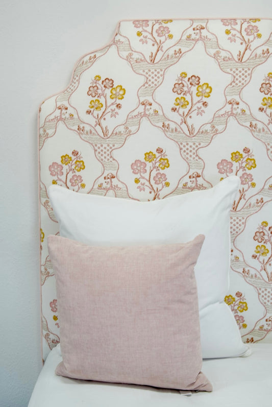 65”H Twin Headboard - Blush Pink Schumacher Fabric - Pink Trim