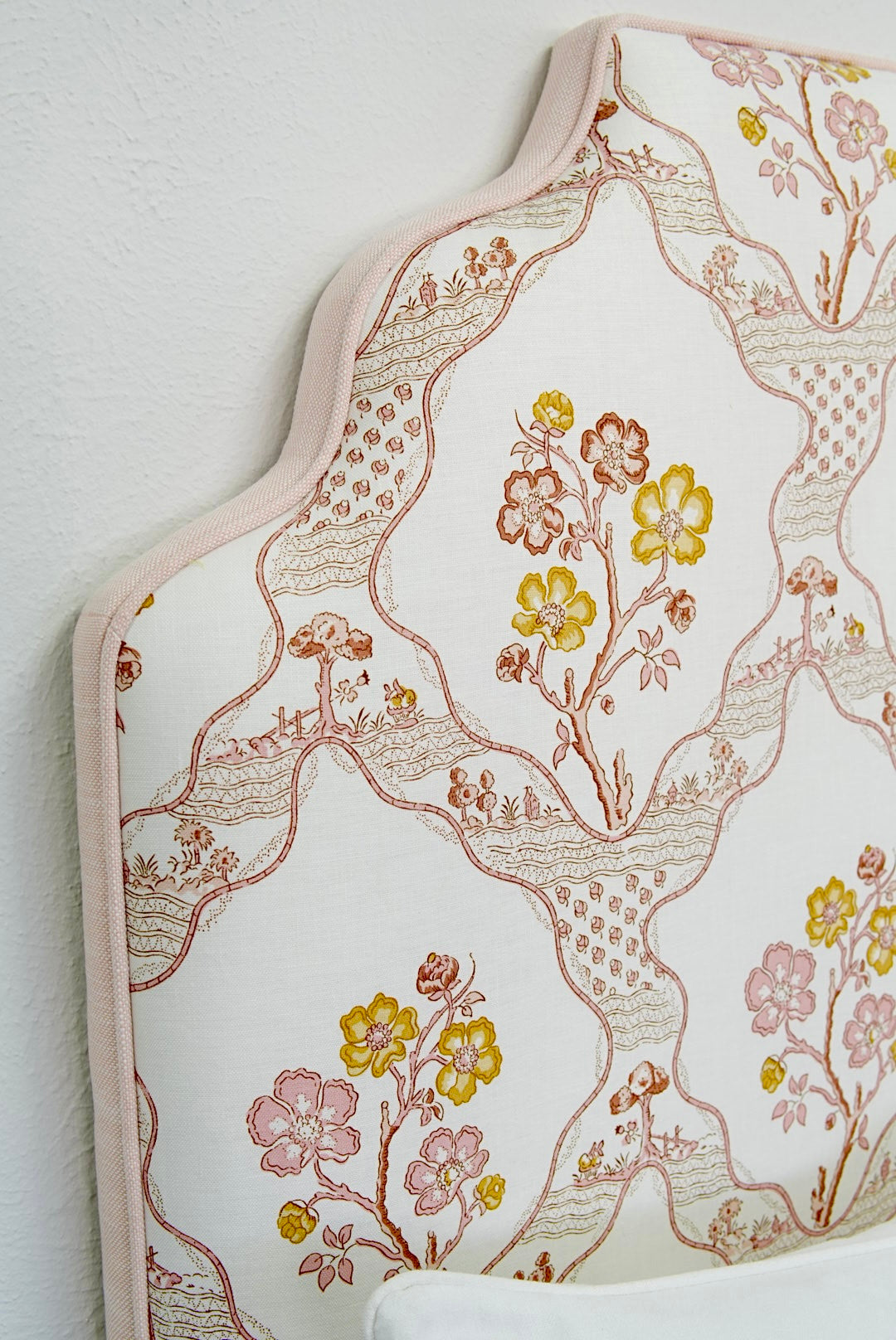 65”H Twin Headboard - Blush Pink Schumacher Fabric - Pink Trim