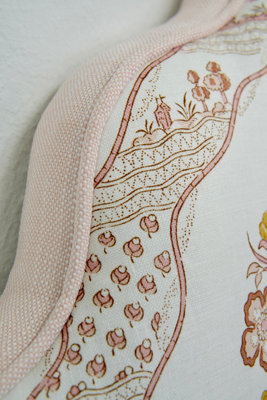 65”H Twin Headboard - Blush Pink Schumacher Fabric - Pink Trim