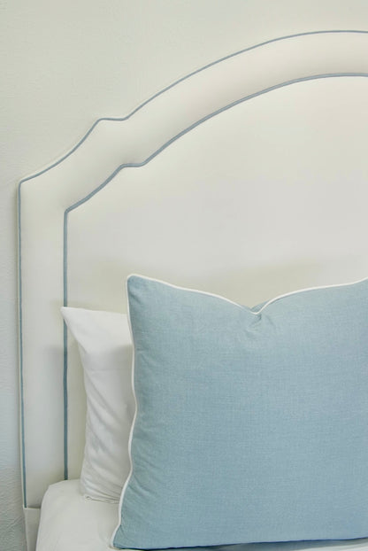 65”H Queen Headboard only - Performance White Velvet Fabric- Sky Blue Trim