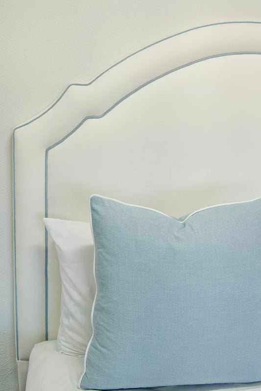 65”H Queen Headboard only - Performance White Velvet Fabric- Sky Blue Trim