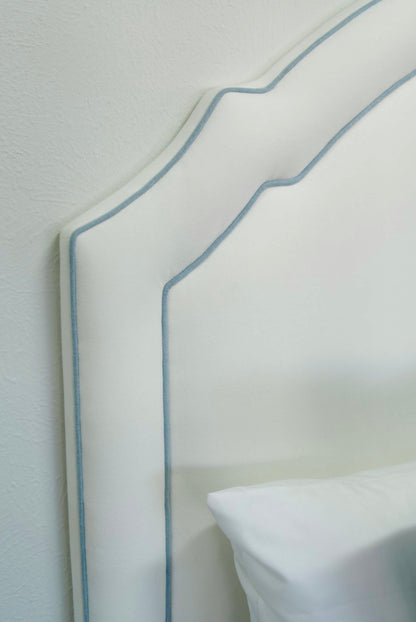 65”H Queen Headboard only - Performance White Velvet Fabric- Sky Blue Trim