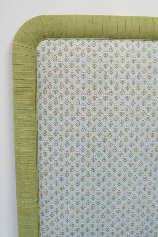 65" H Queen Pleated Headboard in Schumacher Floral Fabric - Pistachio Green