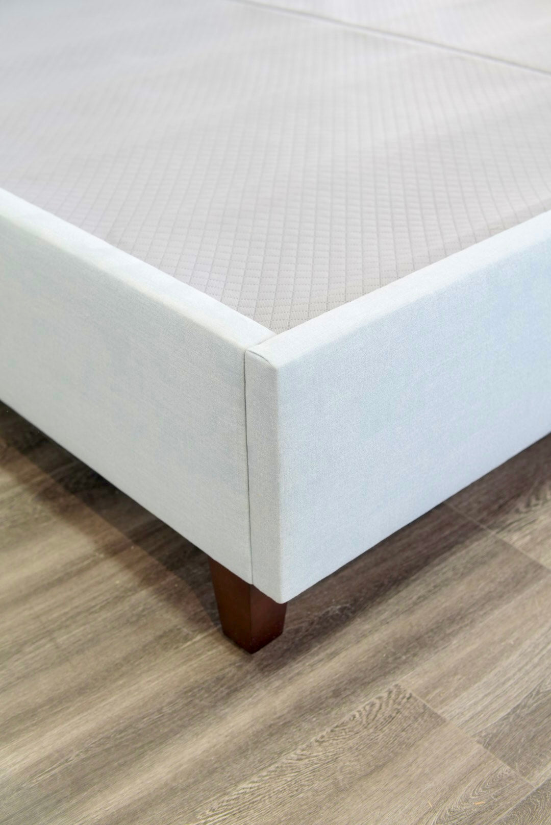 The Addison King Bed - Wooden Legs - Sky Blue Woven Fabric - White Trim
