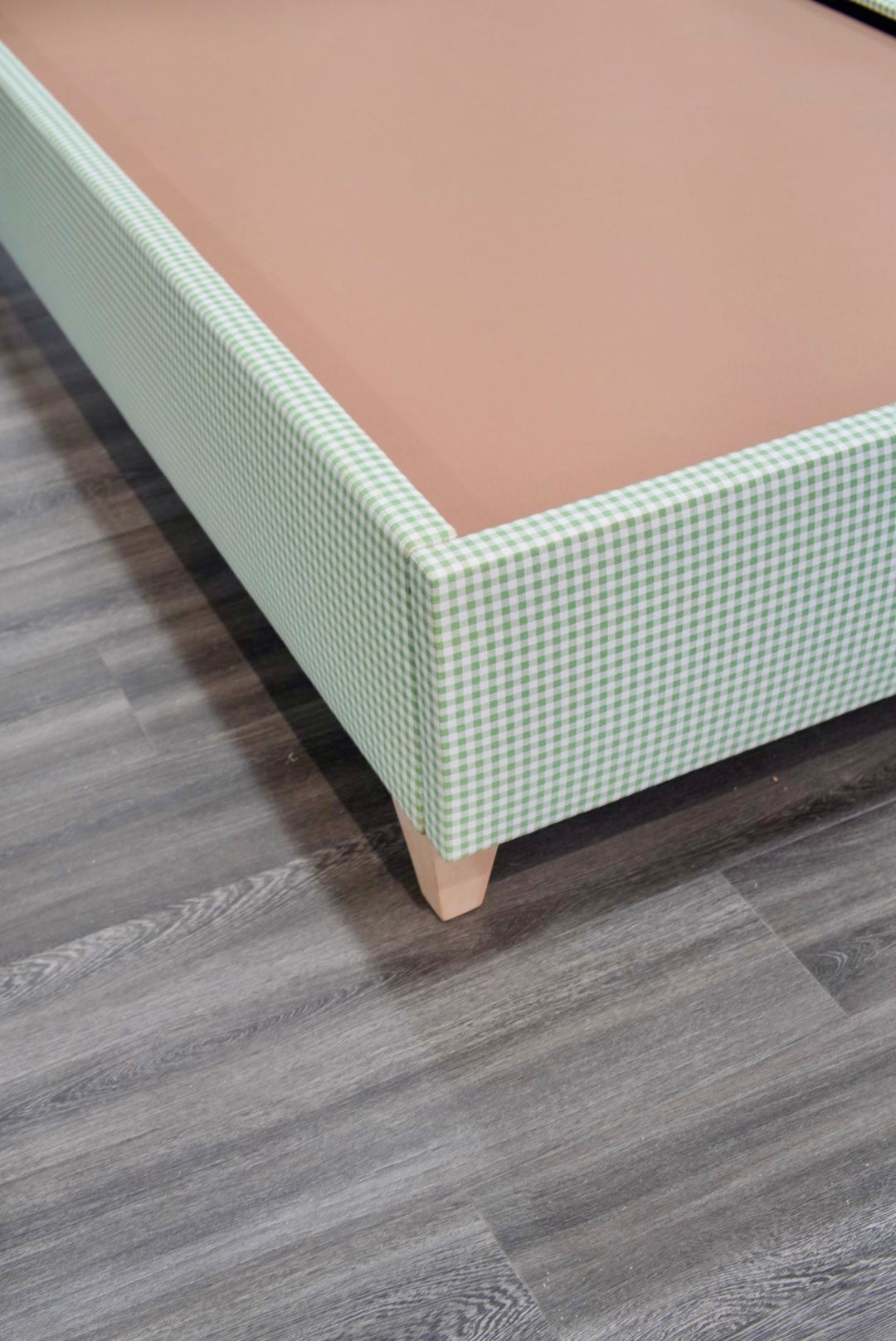 60”H Twin Size Platform Upholstered Bed - Sage Green Gingham Fabric - Pink Pink Trim