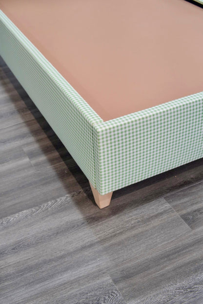 60”H Twin Size Platform Upholstered Bed - Sage Green Gingham Fabric - Pink Pink Trim
