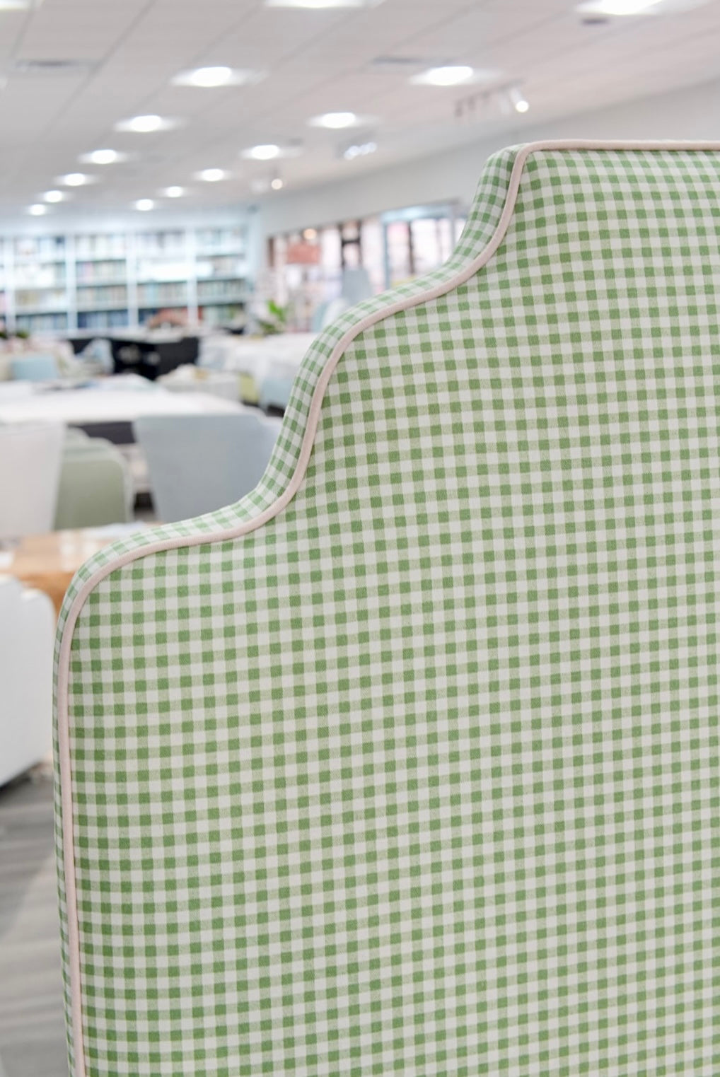 60”H Twin Size Platform Upholstered Bed - Sage Green Gingham Fabric - Pink Pink Trim