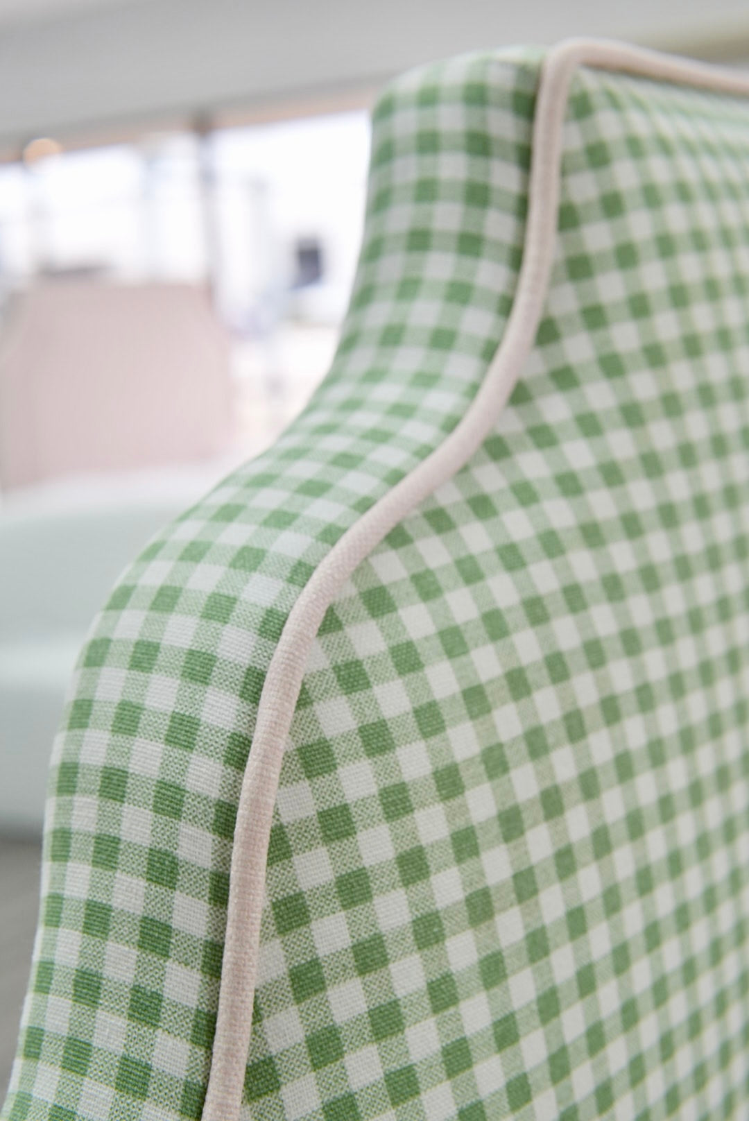 60”H Twin Size Platform Upholstered Bed - Sage Green Gingham Fabric - Pink Pink Trim