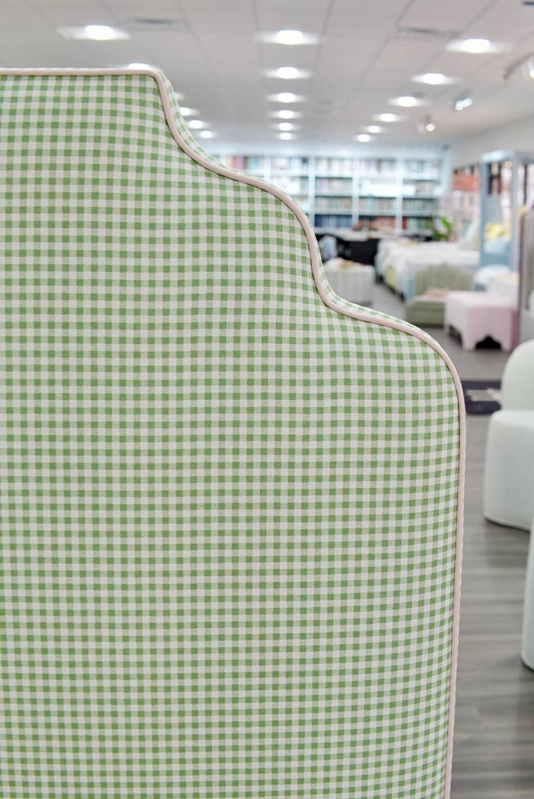 60”H Twin Size Platform Upholstered Bed - Sage Green Gingham Fabric - Pink Pink Trim