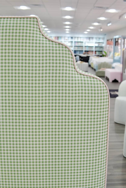 60”H Twin Size Platform Upholstered Bed - Sage Green Gingham Fabric - Pink Pink Trim