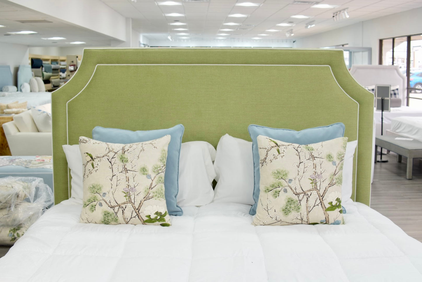 65”H King Upholstered Platform Bed - Scalloped Legs - Pistachio Green Woven Fabric with White Trim