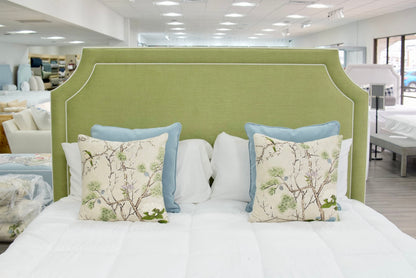 65”H King Upholstered Platform Bed - Scalloped Legs - Pistachio Green Woven Fabric with White Trim