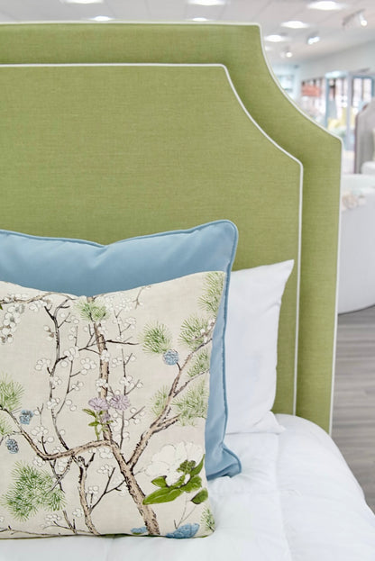 65”H King Upholstered Platform Bed - Scalloped Legs - Pistachio Green Woven Fabric with White Trim