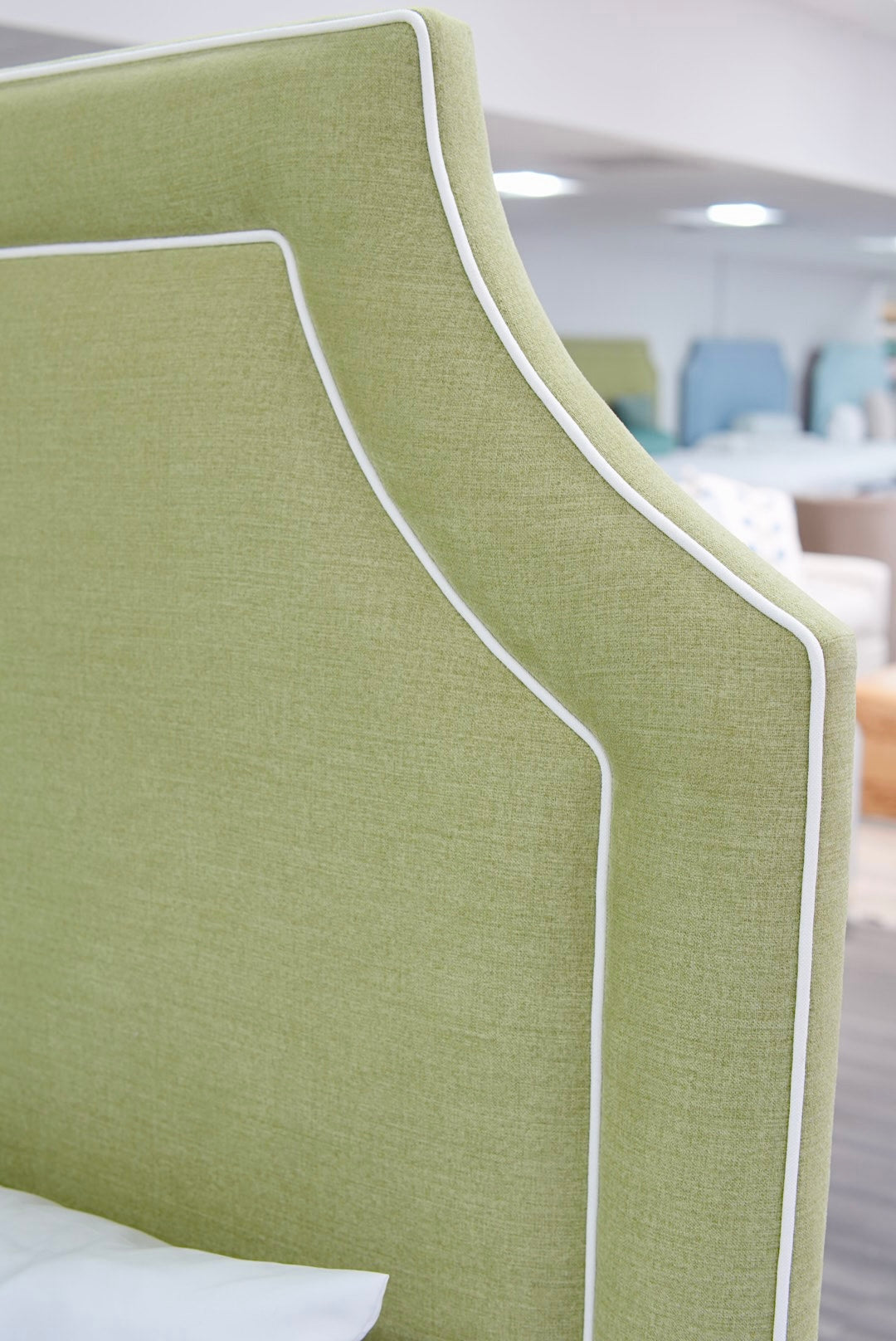 65”H King Upholstered Platform Bed - Scalloped Legs - Pistachio Green Woven Fabric with White Trim