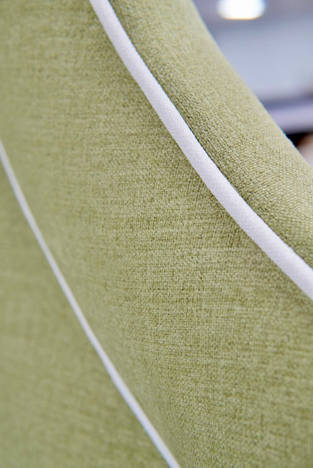 65”H King Upholstered Platform Bed - Scalloped Legs - Pistachio Green Woven Fabric with White Trim