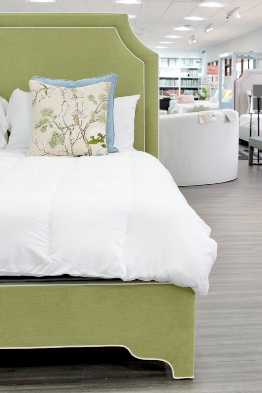 65”H King Upholstered Platform Bed - Scalloped Legs - Pistachio Green Woven Fabric with White Trim