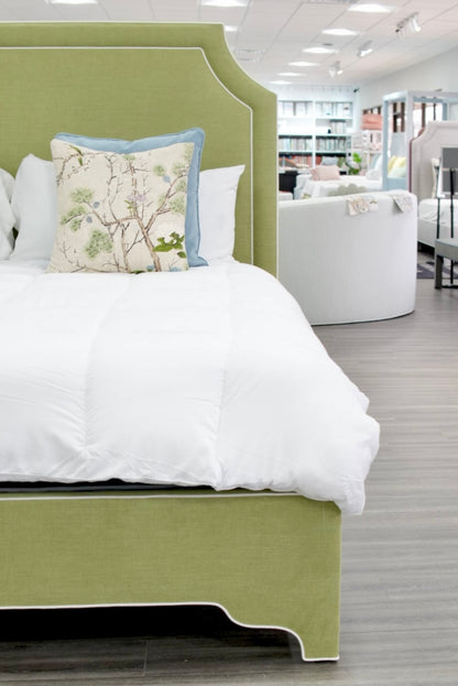 65”H King Upholstered Platform Bed - Scalloped Legs - Pistachio Green Woven Fabric with White Trim