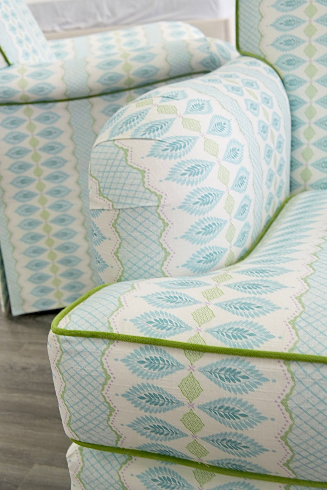 Tight back Waterfall Lounge Chair in Print Fabric - Contrast Piping