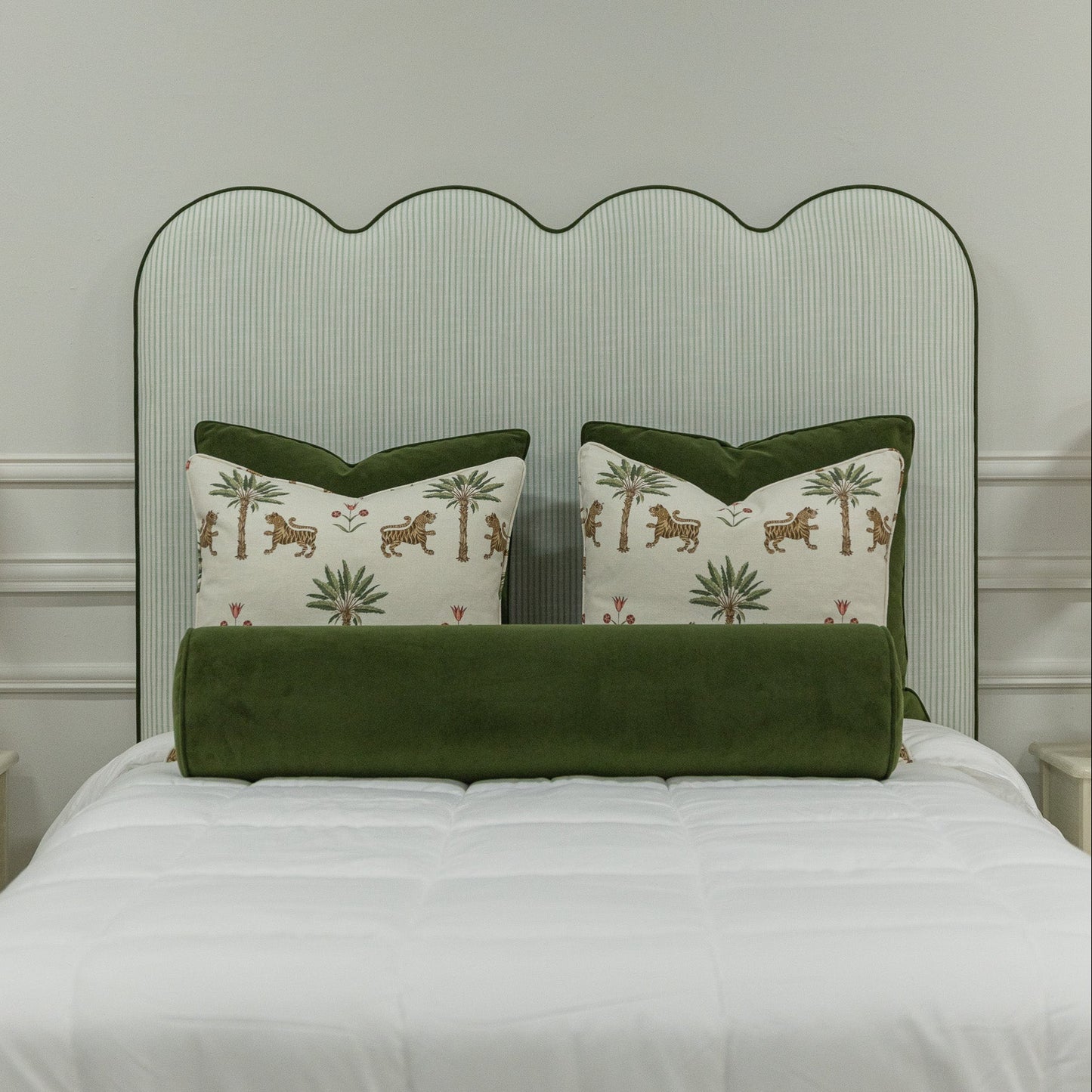 The Waverly Full Size Bed - Ticking Stripe Green Fabric - Forest Green Trim
