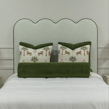 The Waverly Full Size Bed - Ticking Stripe Green Fabric - Forest Green Trim