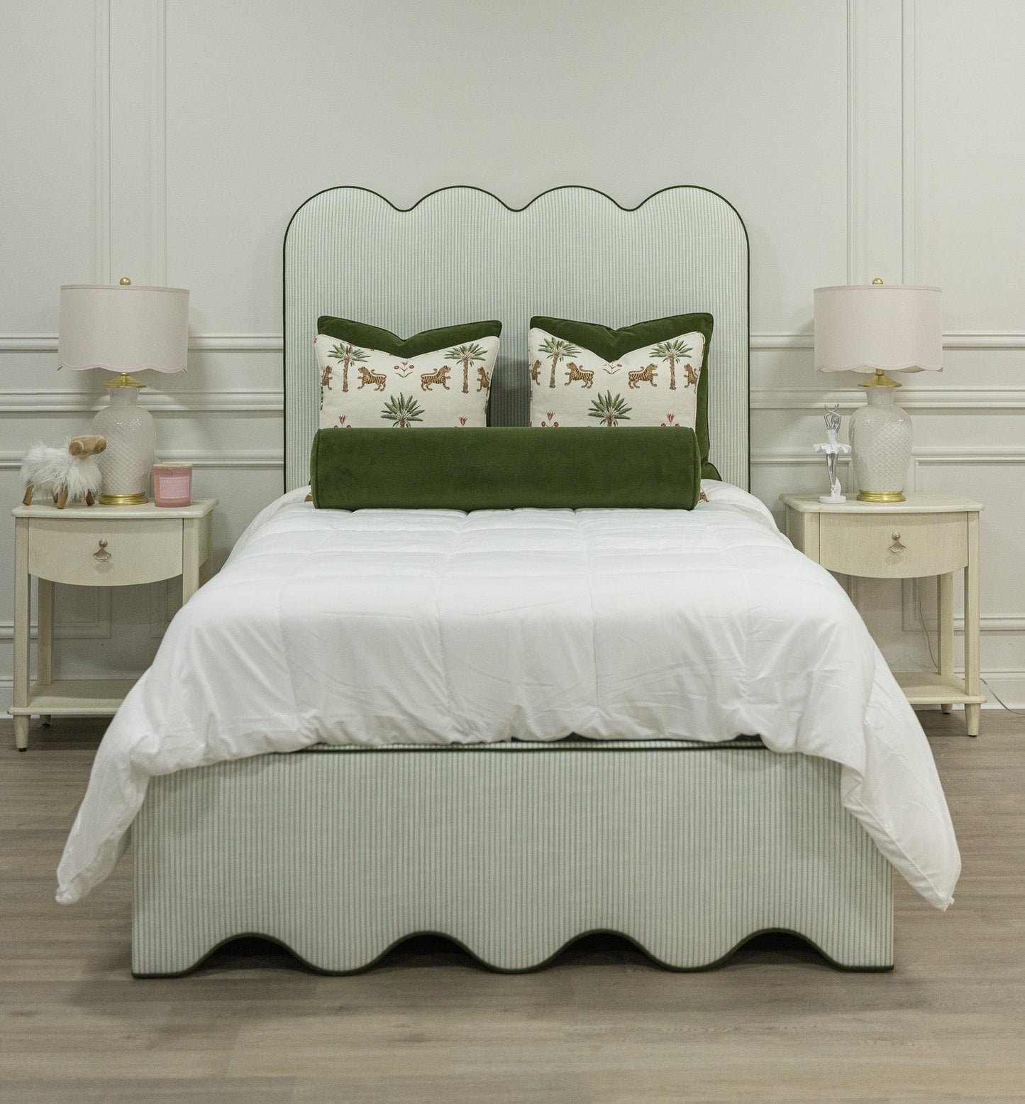 The Waverly Full Size Bed - Ticking Stripe Green Fabric - Forest Green Trim