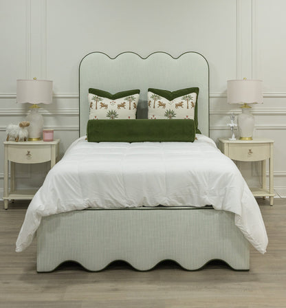 The Waverly Full Size Bed - Ticking Stripe Green Fabric - Forest Green Trim