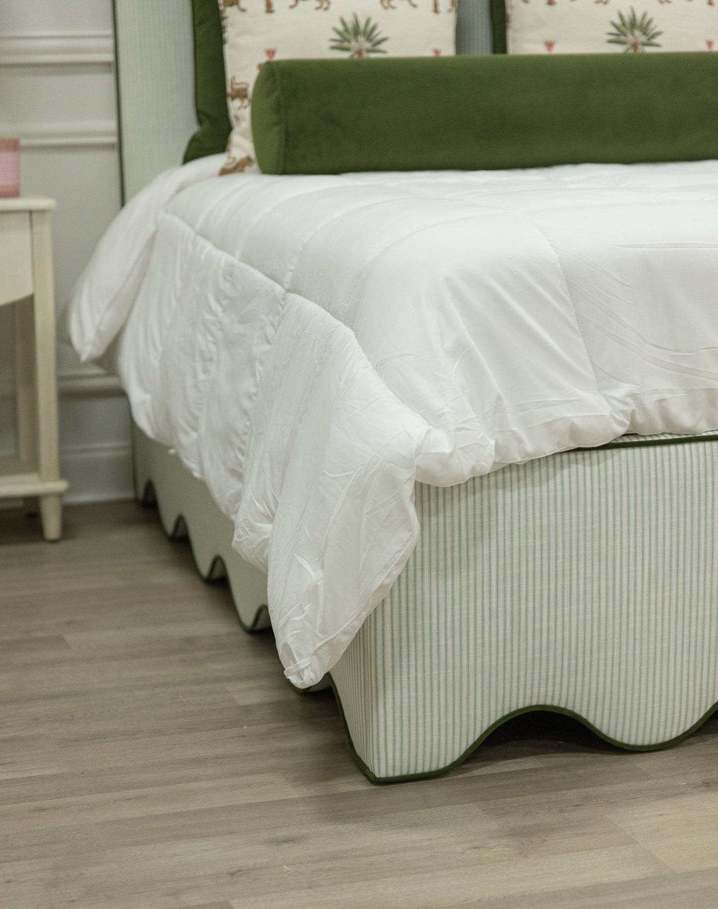 The Waverly Full Size Bed - Ticking Stripe Green Fabric - Forest Green Trim