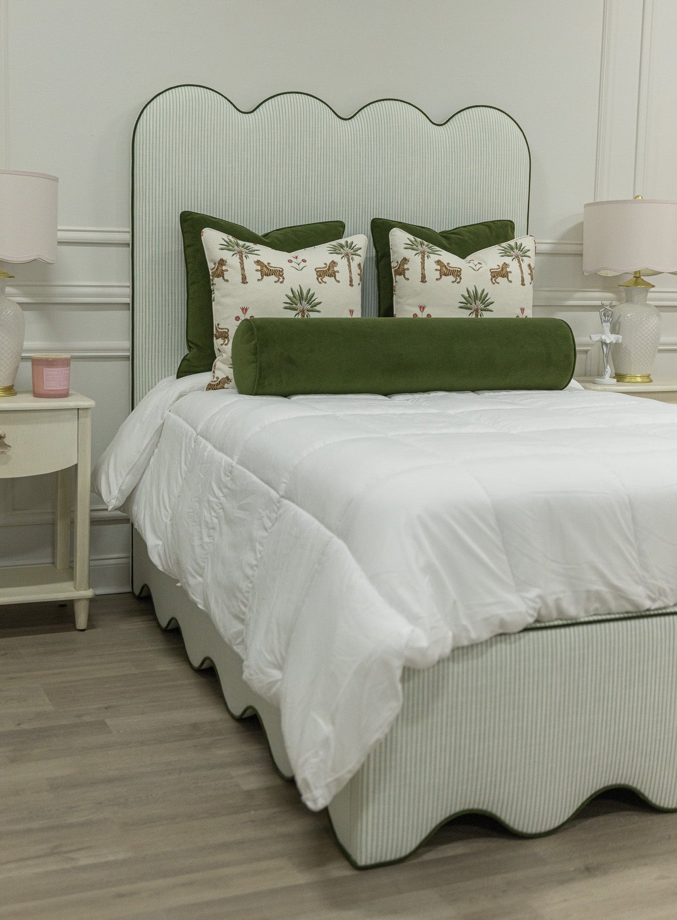 The Waverly Full Size Bed - Ticking Stripe Green Fabric - Forest Green Trim