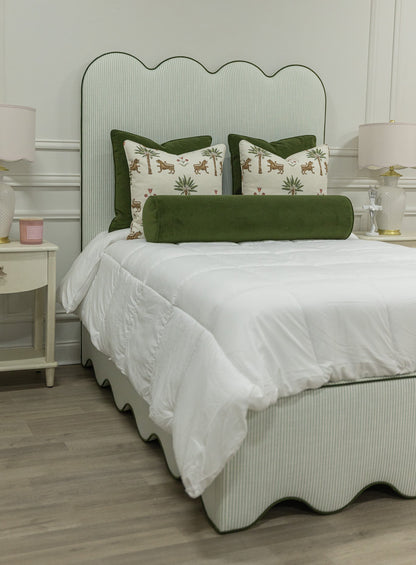 The Waverly Full Size Bed - Ticking Stripe Green Fabric - Forest Green Trim