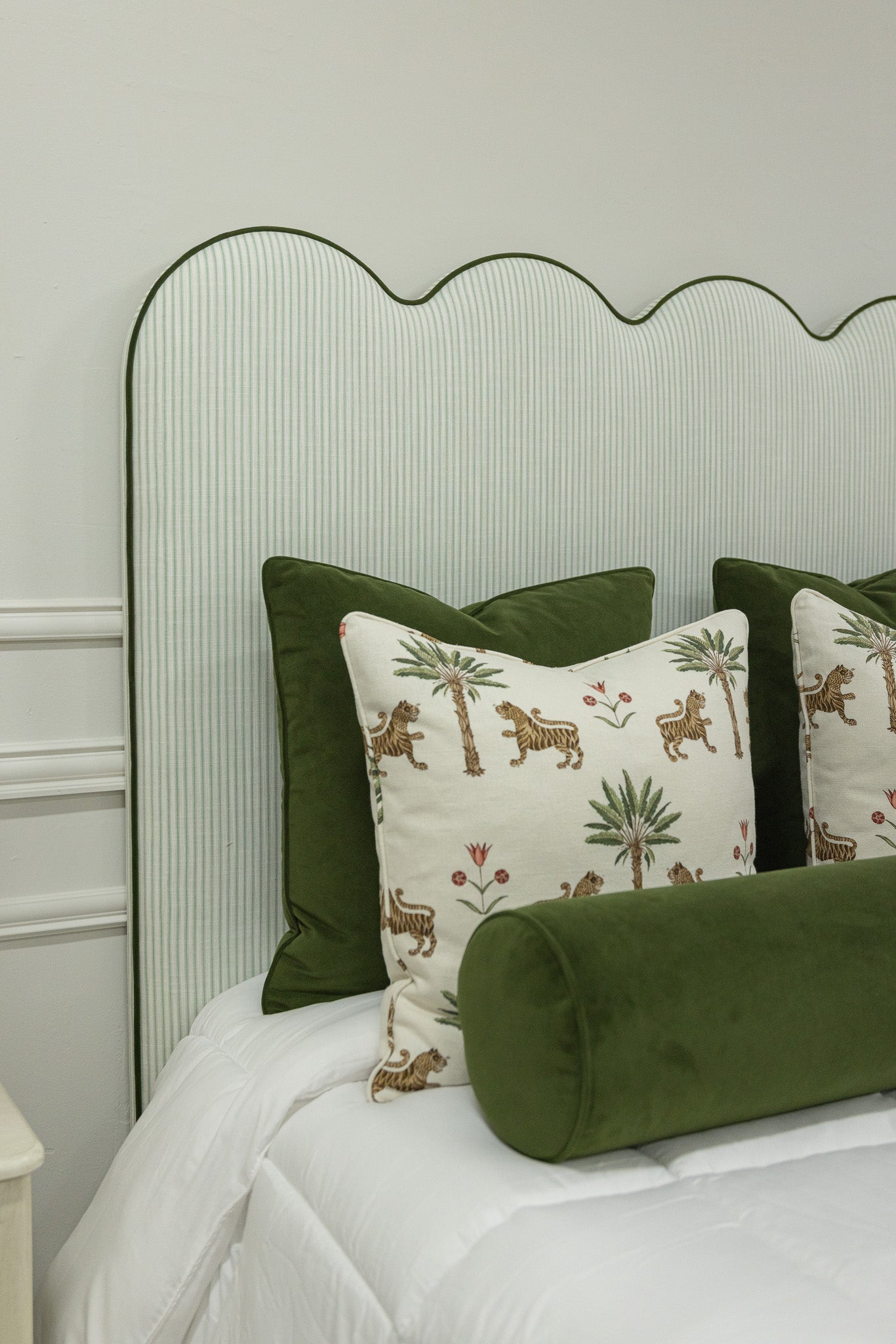 The Waverly Full Size Bed - Ticking Stripe Green Fabric - Forest Green Trim
