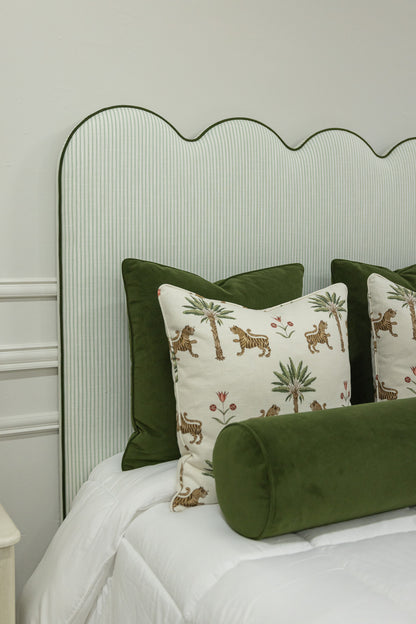 The Waverly Full Size Bed - Ticking Stripe Green Fabric - Forest Green Trim